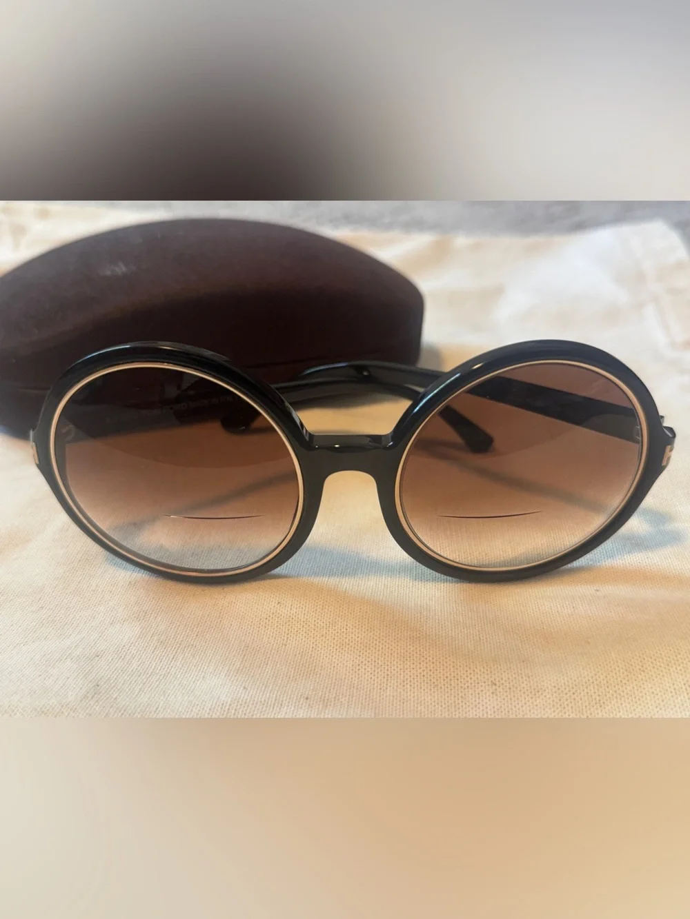 Tom Ford Oversized Black Round Sunglasses w/ Gold Trim and Case